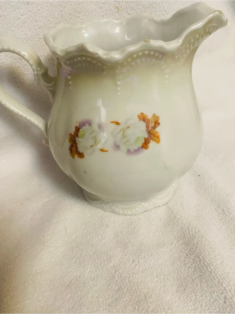 VNTG Leuchtenburg Germany Porcelain Cream Floral Pitcher Lusterware
